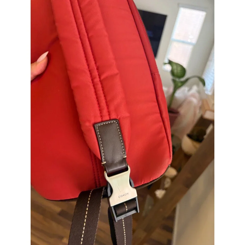 Coach Thompson Heritage Sling Bag Red‎ Nylon Brown Leather Crossbody F70692 Mens